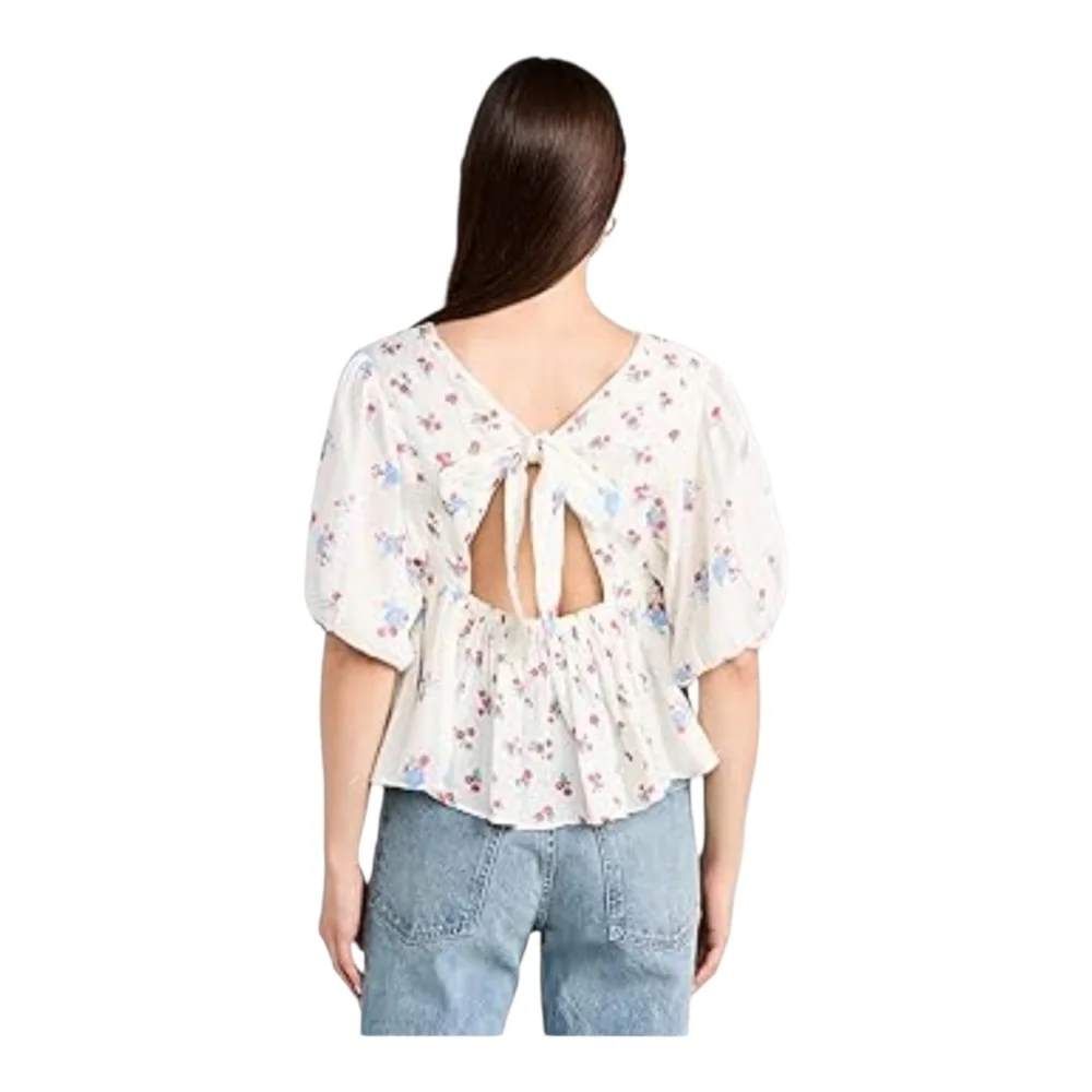 Free People White Floral Peasant Blouse with Pink & Teal Flowers